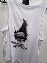 Load image into Gallery viewer, A photo showing the back of a female fit slightly cropped vest top.  The shirt has a big bold print on the back of a skull in flames. Underneath the skull is the defiant tag line &#39;Proudly Refusing To Obey Authority&#39; with The Defiant Co logo under that. The vest is white in colour.