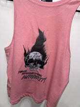 Load image into Gallery viewer, A photo showing the back of a female fit slightly cropped vest top.  The shirt has a big bold print on the back of a skull in flames. Underneath the skull is the defiant tag line &#39;Proudly Refusing To Obey Authority&#39; with The Defiant Co logo under that. The vest is pink in colour.