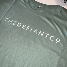Load image into Gallery viewer, A photo showing a female fit cropped t-shirt. The shirt has the famous ‘The Defiant Co’ logo across the front of the chest.  The shirt has standard sleeves and a round neck.  The shirt is sage green in colour.