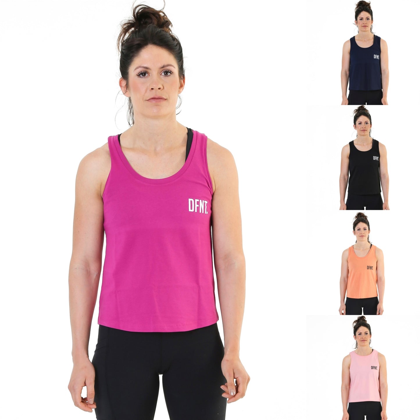 A photo collage showing the front design of the five variations of The Defiant Never Die tank top.  The colour options are black, navy, orchid flower, volcanic stone and pink.  The tanks are a standard fit.  The back design has the bold skull and lightening design with The Defiant Never Die slogan across the top and The Defiant Co along the bottom along with the date Defiant was formed.  The front has the DFNT. Logo to the left breast.