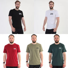Load image into Gallery viewer, A photo collage showing the front design of the five variations of The Defiant Never Die t-shirt.  The colour options are black, olive green, bottle green, burgundy and white.  The tees are a standard fit and have a round neckline.  The back design has the bold skull and lightening design with The Defiant Never Die slogan across the top and The Defiant Co along the bottom along with the date Defiant was formed.  The front has the DFNT. Logo to the left breast.