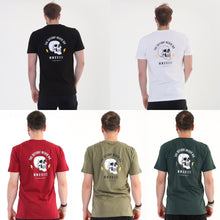 Load image into Gallery viewer, A photo collage showing the back design of the five variations of The Defiant Never Die t-shirt.  The colour options are black, olive green, bottle green, burgundy and white.  The tees are a standard fit and have a round neckline.  The back design has the bold skull and lightening design with The Defiant Never Die slogan across the top and The Defiant Co along the bottom along with the date Defiant was formed.  The front has the DFNT. Logo to the left breast.