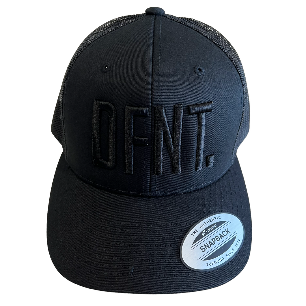 The DFNT. Trucker Cap in Black with Black embroidery.  The mesh back ensures breathability, so these are great for working out as well as going about your daily business.  The logo is boldly embroidered across the front in a raised style that adds that touch of class.