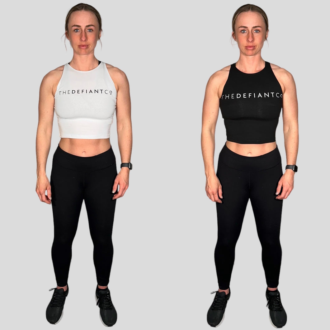 A photo collage showing the two options available in The Defiant Co slim fit cropped tank.  The colours are black with a white print or white with a black print.  The tanks are super slim fit but are breathable making them perfect for workouts.